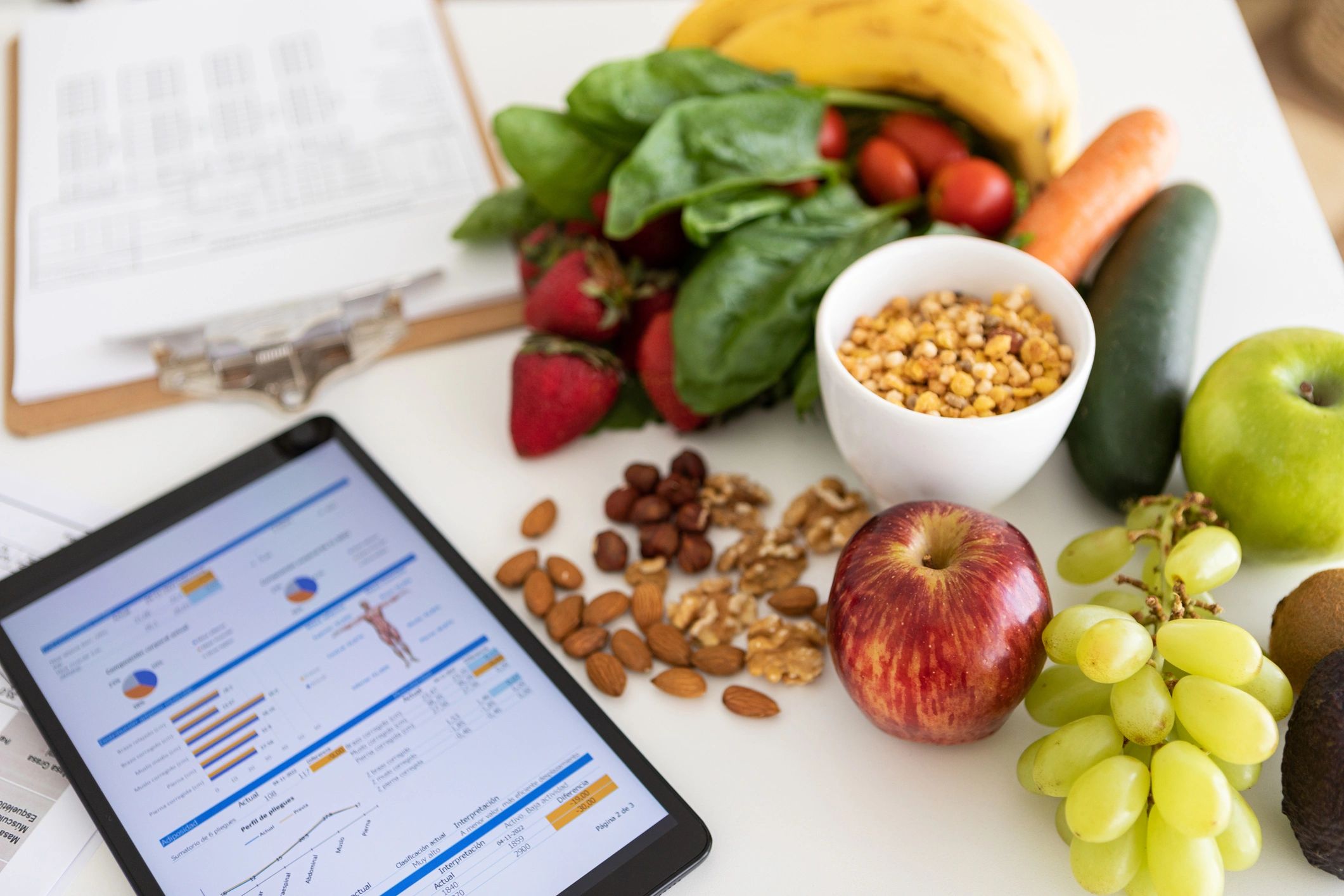 Healthy foods and nutrition plan on a tablet